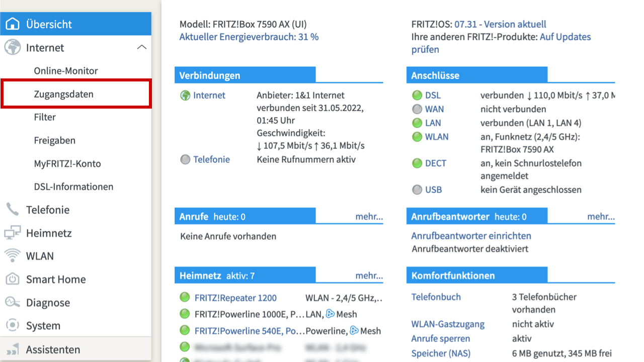 Startseite der FRITZ!Box-Benutzeroberfläche, Kategorie "Zugangsdaten" hervorgehoben