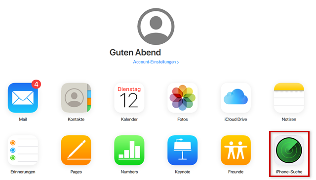 iCloud Startseite mit verschiedenen Icons. Die iPhone-Suche ist markiert.