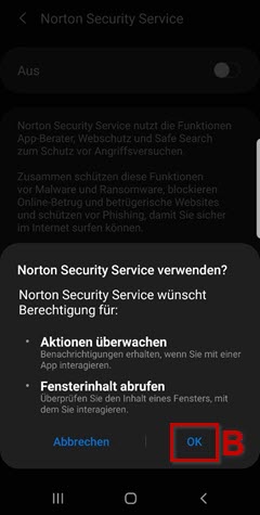 Aktivierung Norton Security Service bestätigen hervorgehoben