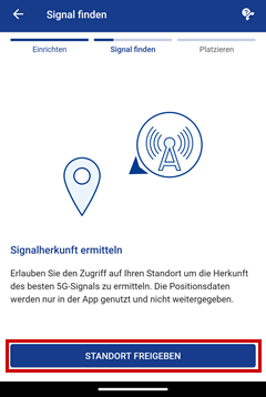 Signalherkunft ermitteln im Assistenten, mit Rahmen um Standort freigeben.