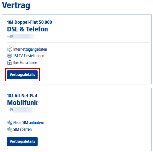 Übersicht Ihrer Vertrage, mit Rahmen um Vertragsdetails bei dem Verrtag mit 1&1 TV