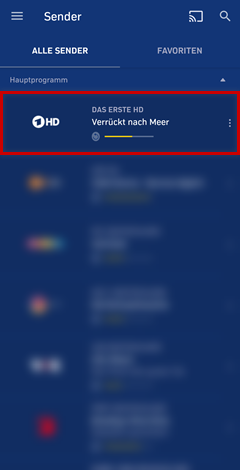 Senderliste der 1&1 TV-App für Android und iOS, ein Sender beispielhaft hervorgehoben