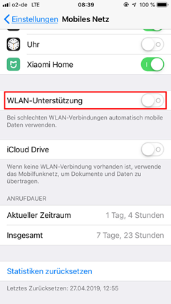 Unter der Funktion Mobiles Netz ist der Menüpunkt WLAN-Unterstützung markiert