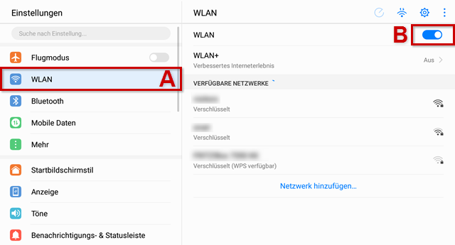 WLAN (A) & WLAN-Aktivierung (B) sind mit roten Icons hervorgehoben.