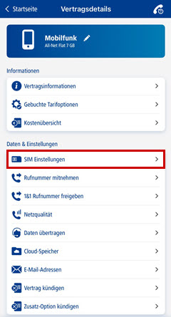 Mobilfunk-Vertragsdetails, Menü für SIM-Einstellungen hervorgehoben