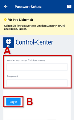 Passwort-Schutz, Kundennummer, Passwort und Login hervorgehoben