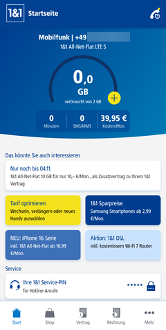 Startseite der Control-Center-App bei einem Mobilfunkvertrag.