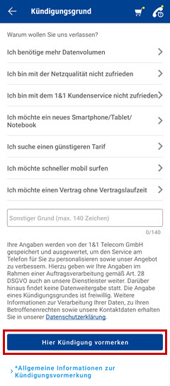 1&1 Control-Center-App: Bestätigung des Kündigungsgrundes hervorgehoben