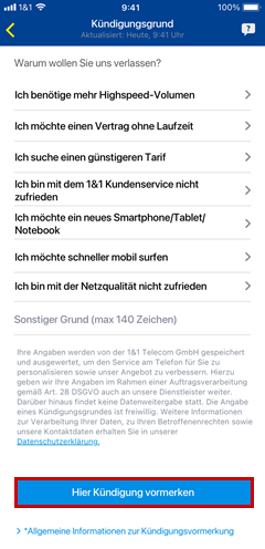 1&1 Control-Center-App: Bestätigung des Kündigungsgrundes hervorgehoben