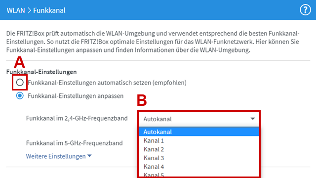 Funkkanal-Einstellungen - "Funkkanal-Einstellungen automatisch setzen (empfohlen) mit rotem Rand und A-, Auswahl des Funkkanals ist mit rotem Rand und B hervorgehoben.