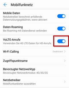 Mobilfunknetz: Schieberegler bei VoLTE-Anrufe hervorgehoben 