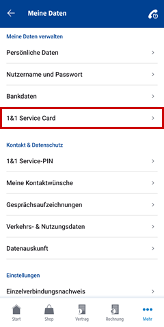 Eintrag Service Card im Menü Kundendaten