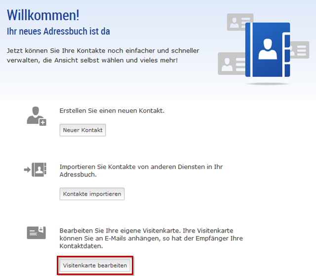 Startseite Webmailer Adressbuch, Button "Visitenkarte bearbeiten" hervorgehoben