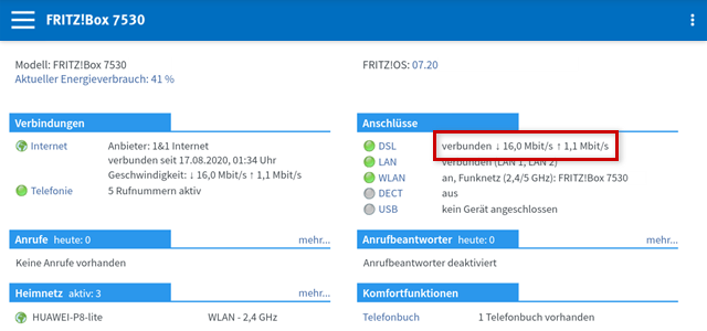 FRITZBox-Benutzeroberfläche: Bandbreite auf der Startseite hervorgehoben