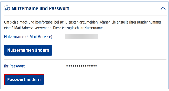 Menü für Nutzername und Passwort, Passwort ändern hervorgehoben