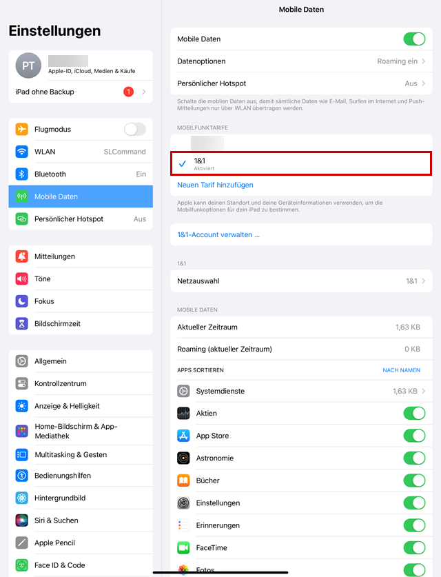 Menüpunkt Mobile Daten in den Einstellungen Ihres iPads. 1&1 Tarif unter Mobilfunktarife.