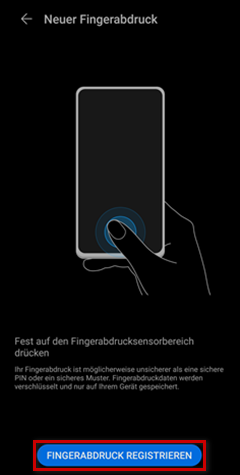 Fingerabdruck registrieren ist hervorgehoben