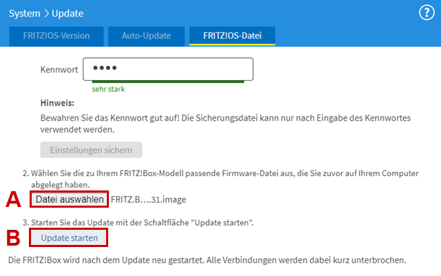 FRITZ!OS-Datei-Menü, Durchsuchen-Button und Update-starten-Button hervorgehoben