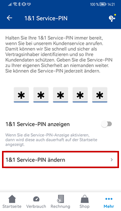 1&1 Control-Center-App: Service-PIN ändern