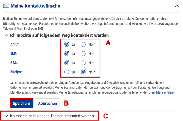 Menü zum Festlegen von Kontaktwünschen, Checkboxen für Kontaktwege wie z. B. E-Mail oder Anruf aktiv und hervorgehoben, Speichern-Button und Ausklappmenütitel für Kontakt-Themen hervorgehoben