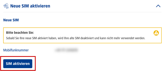 Ausklappmenü zur SIM-Aktivierung, Button zum Aktivieren hervorgehoben