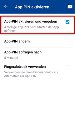 Control-Center-App: PIN aktivieren und vergeben markiert