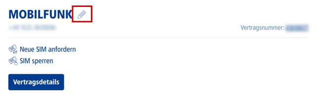 Kurzübersicht eines Mobilfunkvertrags, Bearbeiten-Symbol neben dem Vertragsnamen hervorgehoben