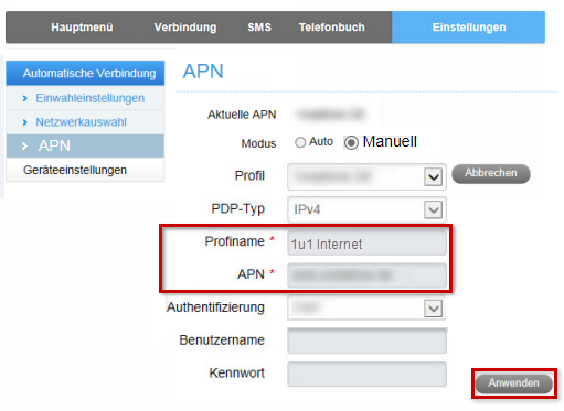 APN eintragen 