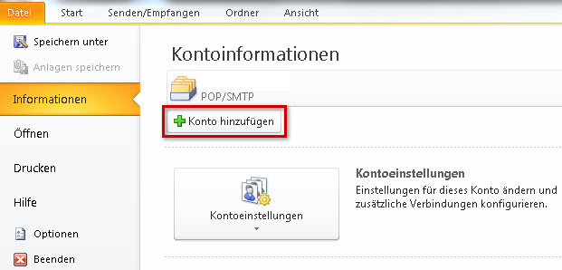 Outlook: Konto hinzufügen hervorgehoben
