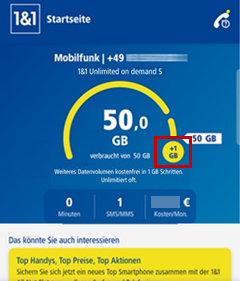 Startseite der 1&1 Control-Center-App mit Plus 1GB Button