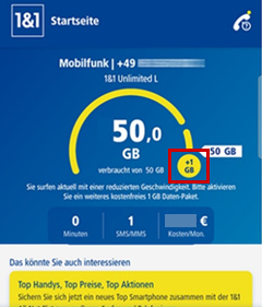 Startseite der 1&1 Control-Center-App mit Plus 1GB Button