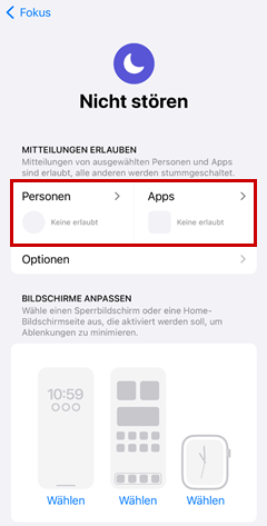 Einstellungsmöglichkeiten für Personen und Apps hervorgehoben