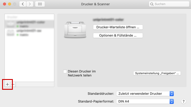 Unter Drucker & Scanner ist das Icon zum Hinzufügen hervorgehoben