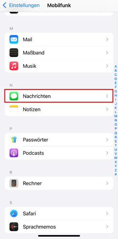 Menüpunkt Nachrichten hervorgehoben