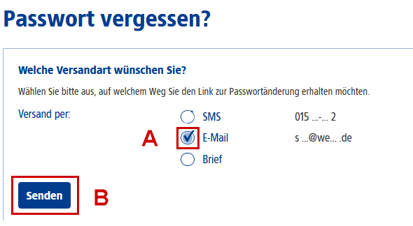 Unter Passwort vergessen ist der Versand per E-Mail ausgewählt und hervorgehoben