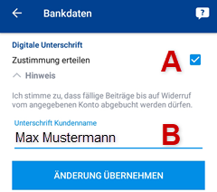 Control-Center-App: Kontoinhaber, Zustimmung und Unterschrift markiert