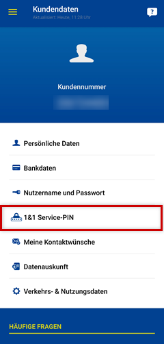 1&1 Control-Center-App, 1&1 Service-PIN markiert