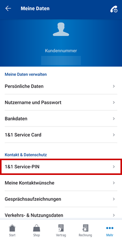 1&1 Control-Center-App, 1&1 Service-PIN markiert