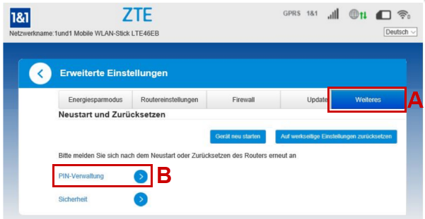 Erweiterte Einstellungen mit Rahmen um Weiteres und PIN-Verwaltung