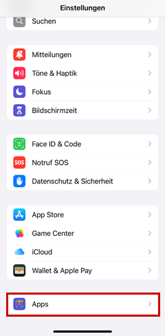 Menüpunkt Apps hervorgehoben