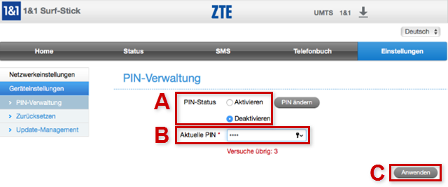 PIN-Verwaltung: PIN-Status, Aktuelle PIN, Anwenden Button markiert