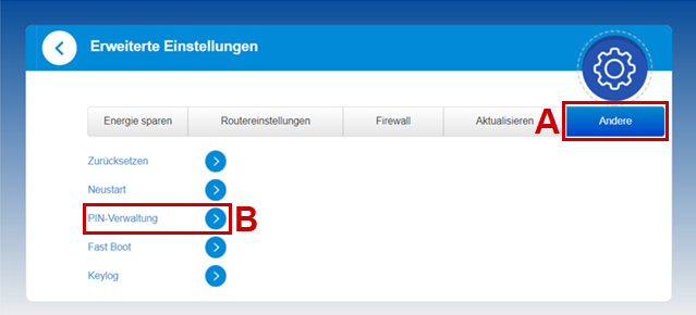 Erweiterte Einstellungen mit Rahmen um Andere und PIN-Verwaltung