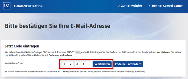 Code eingeben, um E-Mail-Adresse zu bestätigen