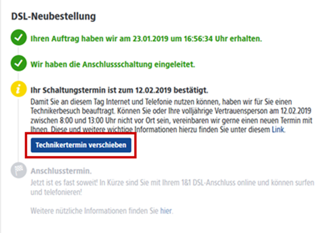 Bestätigung zur Schaltung, "Technikertermin verschieben"-Schaltfläche ist mit rotem Rand hervorgehoben.