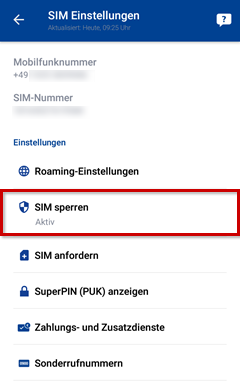 SIM-Einstellungen: "SIM sperren" hervorgehoben.