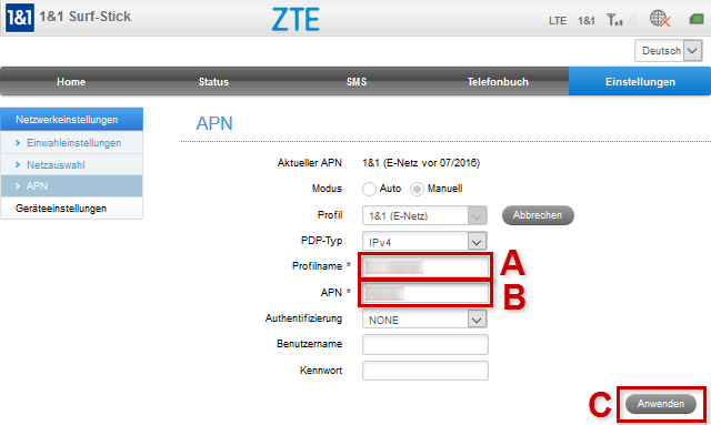 Eingabemaske für die Daten eines neuen APN, Felder Profilname und APN hervogehoben