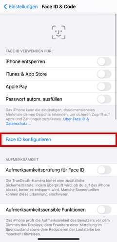 Face ID konfigurieren hervorgehoben