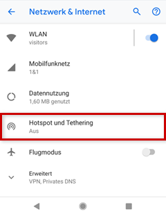 Unter Netzwerk & Internet ist der Menüpunkt Hotspot und Tethering markiert