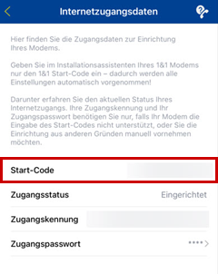 1&1 Start-Code hervorgehoben