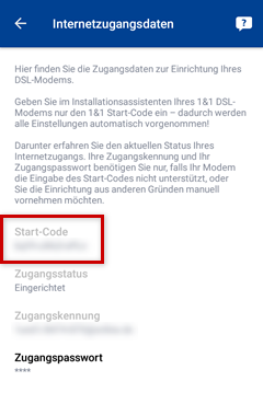 1&1 Start-Code hervorgehoben